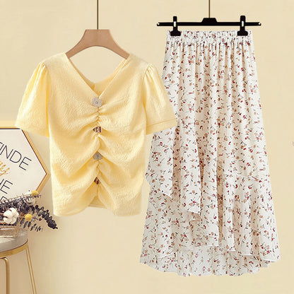 Schickes Chiffon-T-Shirt und hochgeschnittener Rock, zweiteiliges Set