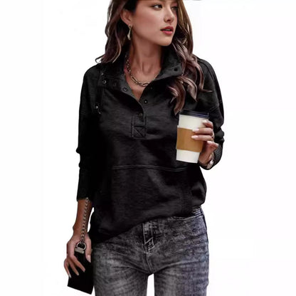 Modisches Damen-Sweatshirt mit langen Ärmeln, einfarbigem Design, Taschen und Knöpfen