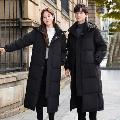Mittellange Winter-Daunenjacke mit Kapuze für Damen und Herren (Paar)