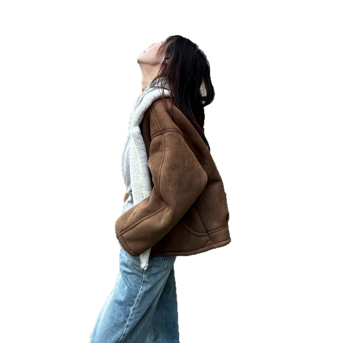 Fleecegefütterte, kurzärmelige Lammwolljacke mit dickem Revers