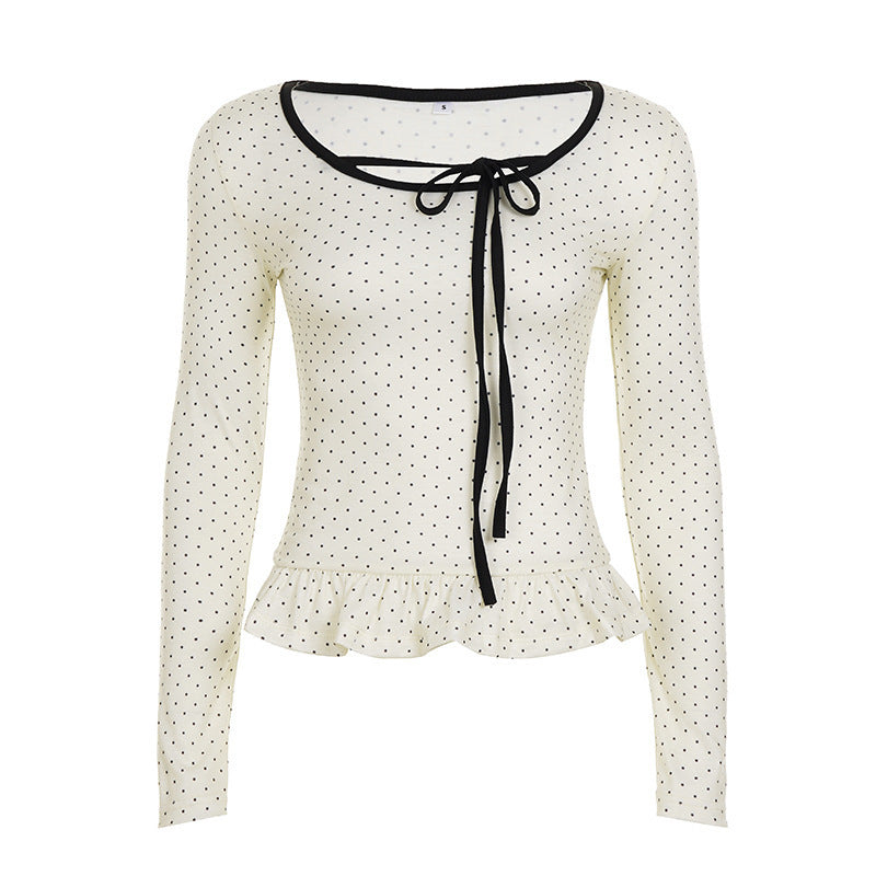Langarmshirt mit Polka-Dot-Print und Spitzenbesatz für Damen