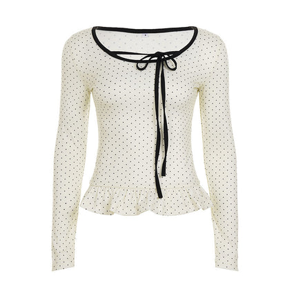 Langarmshirt mit Polka-Dot-Print und Spitzenbesatz für Damen