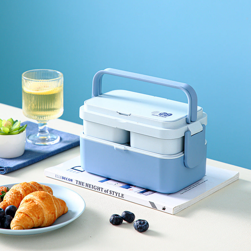 Blaue, doppelwandige 3-in-1-Lunchbox aus Bambusfaser, wärmbare japanische Bento-Box