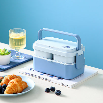 Blaue, doppelwandige 3-in-1-Lunchbox aus Bambusfaser, wärmbare japanische Bento-Box