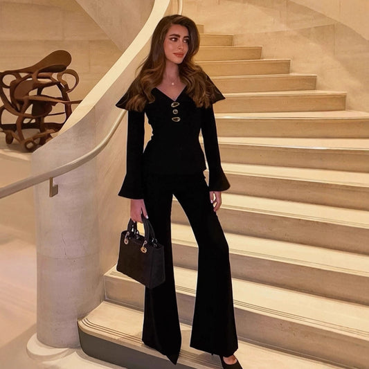 Black V-neck Waist-cropped Top And Pants Two-piece Set For Women