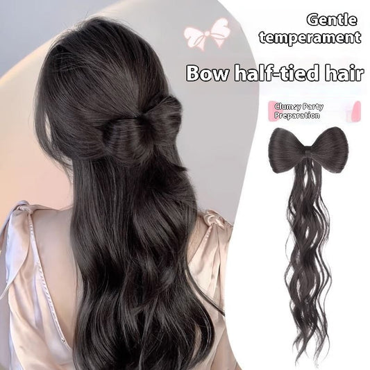 Perücke für Damen, langes Haar, geflochten, lockere Schleife, halb hochgesteckter Dutt, künstliches Haar, Pferdeschwanz