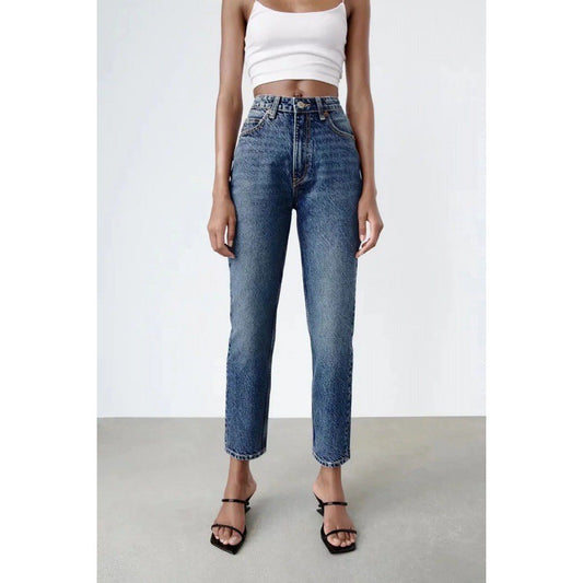 Damen-Jeanshose, einfarbig, hochgeschnitten, locker geschnitten, lässig