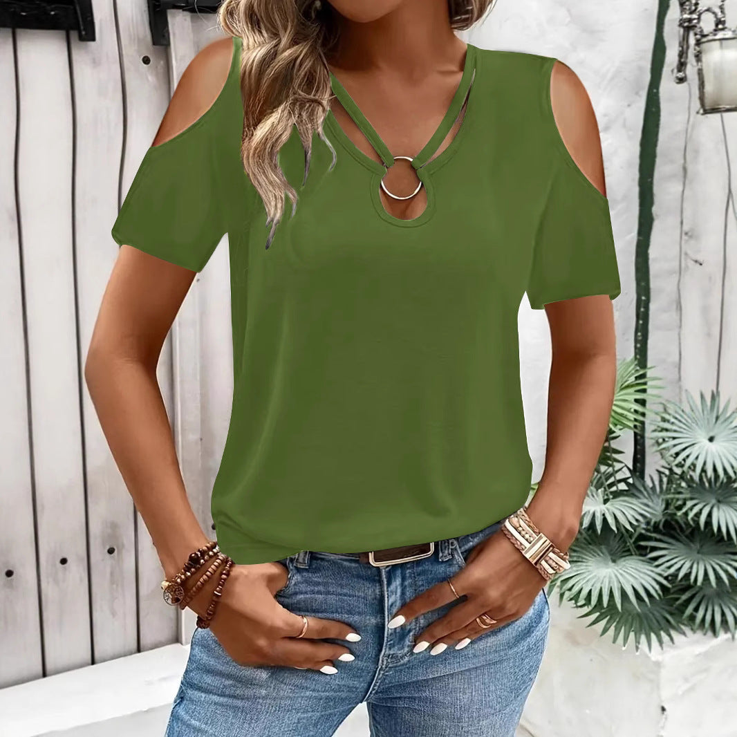 Womens Loose-Fit Cross-Over V-Neck Off-the-Shoulder Short-Sleeve TShirt
