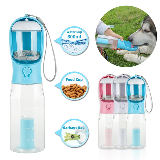 Tragbare 3-in-1-Trinkflasche für Katzen und Hunde: Auslaufsicher, multifunktional, mit Futter- und Wasserspender sowie Kotbeutelspender.