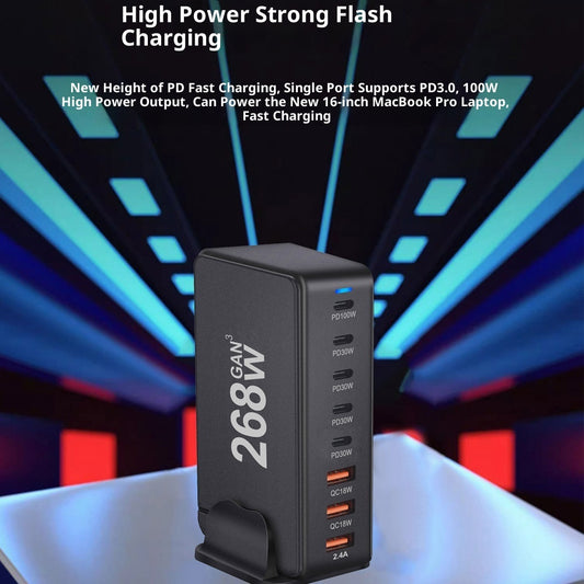 268-W-Galliumnitrid-PD-Ladegerät, multifunktionales Desktop-Netzteil 5 C3A, neuer 8-Port-Adapter