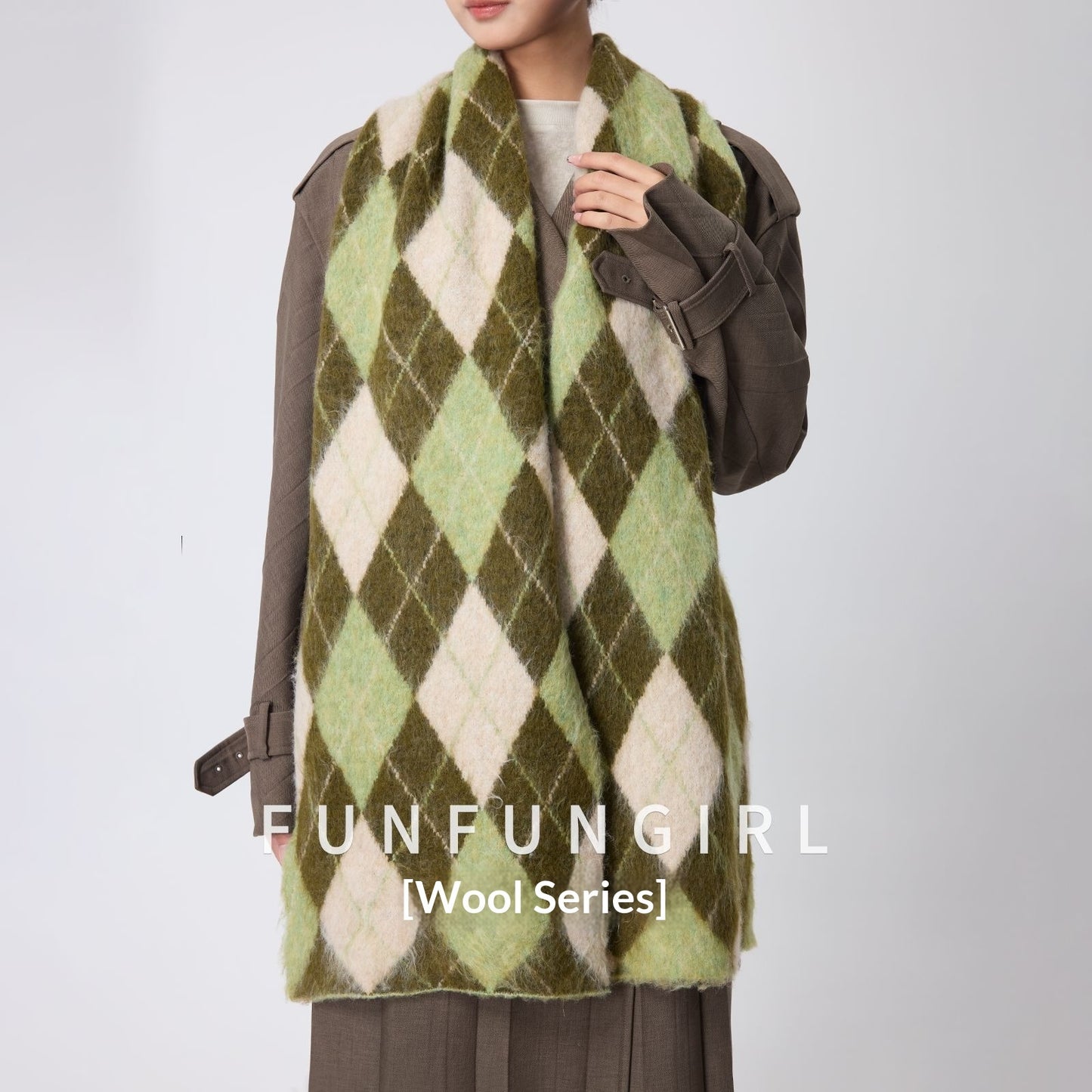 Diamond Pattern Retro Scarf With Wool Neck Warmer