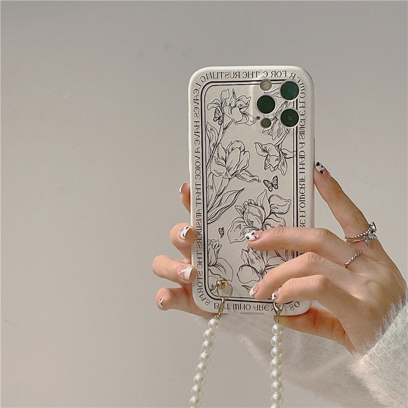 Handyhülle mit Blumen- und Perlenkette