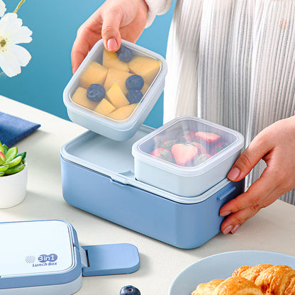 Blaue, doppelwandige 3-in-1-Lunchbox aus Bambusfaser, wärmbare japanische Bento-Box