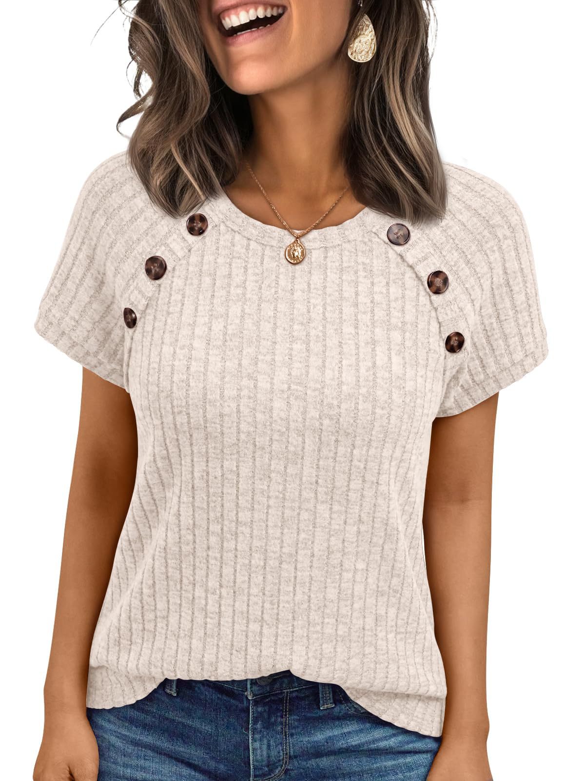 Womens Ribbed Crew-neck Button-panel Short-sleeve Top