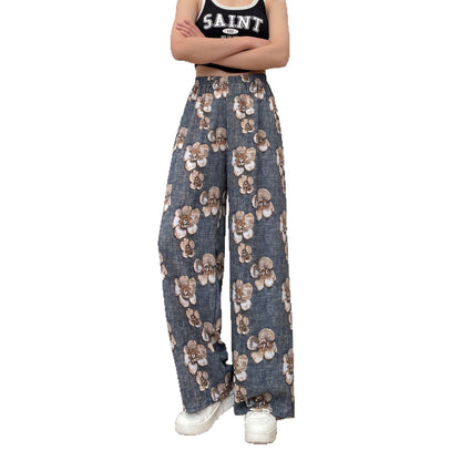 Women's Thin Casual High-waisted Loose Retro Printed Denim Straight-leg Pants