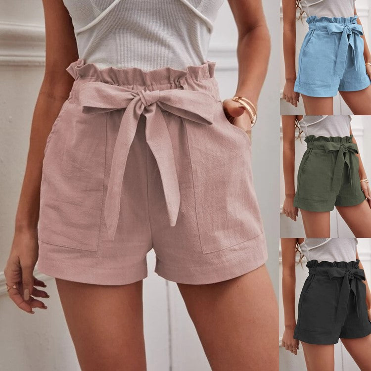 Lässige Shorts aus Baumwolle und Leinen mit Taschen, hohem Bund und weitem Bein