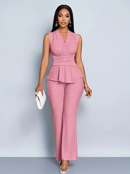 Elegant V-neck Top And Wide-leg Pants Two-piece Set For Women