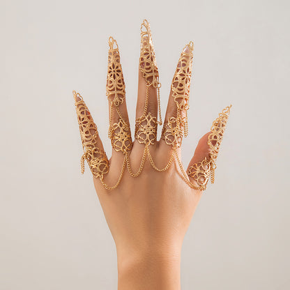 Ornamentaler, gotischer Stil, hohler, spitz zulaufender Fingernagelkappenring, Nischen-Metallquastenring