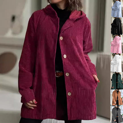 Damen-Cordjacke mit Kapuze, modisch, warm, mit Taschen, Knöpfen, mittellang, lässige Herbst-Winter-Oberbekleidung