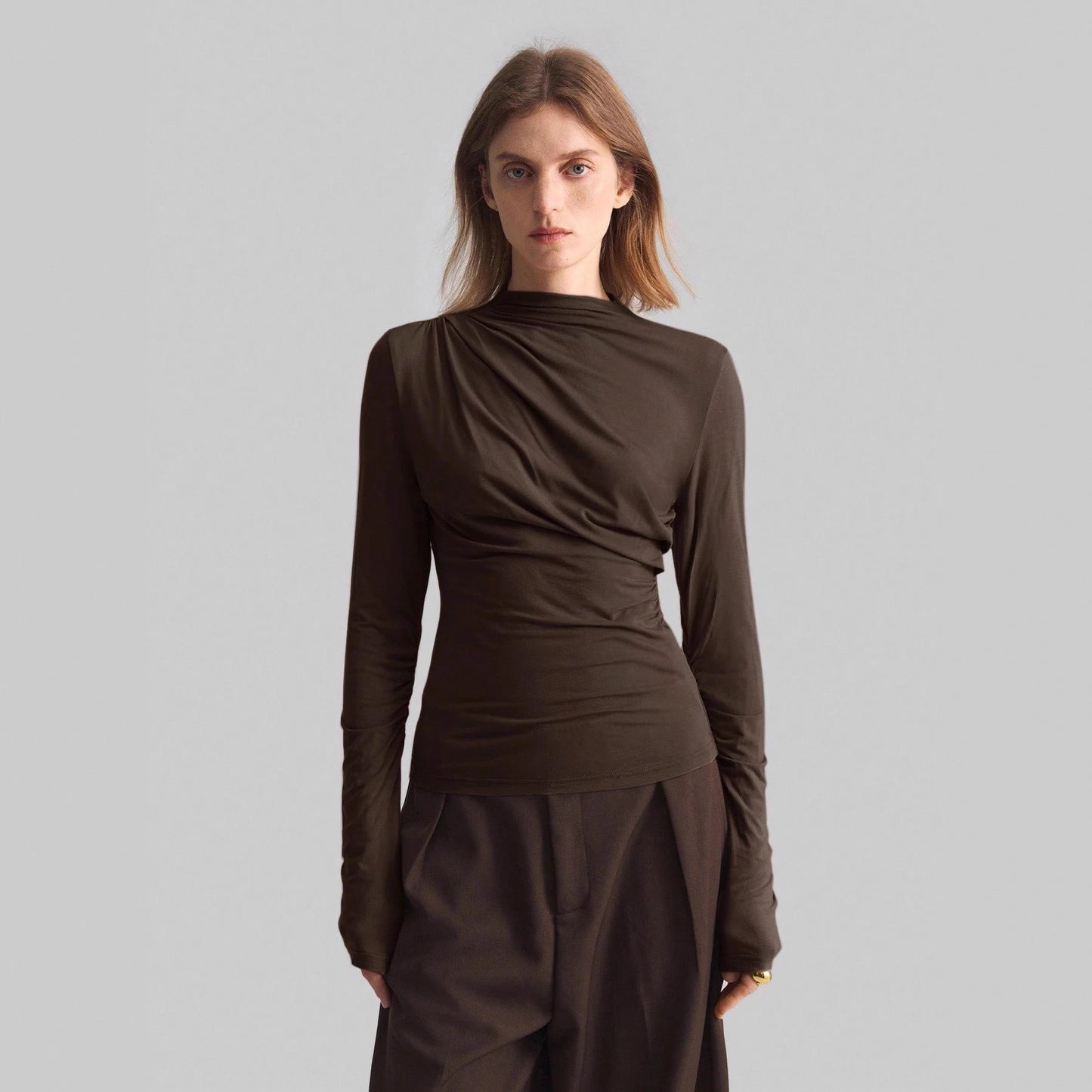 New Asymmetrical Mock-neck Slim-fit Base Top For Women