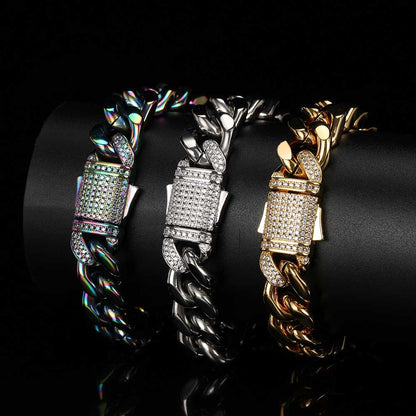 Stainless Steel Cuban Chain Hip Hop Bracelet Diamond Spring Buckle Four Sides Grinding