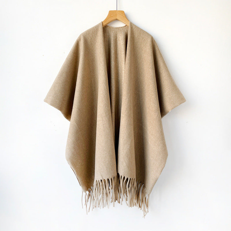 Premium Oatmeal Solid Color Cashmere-like Large Shawl Outerwear