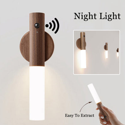 Automatische LED-USB-Magnet-Holz-Nachtleuchte, kabellos, für Flure, Veranda, Veranda, Wand- und Schrankbeleuchtung mit PIR-Bewegungsmelder