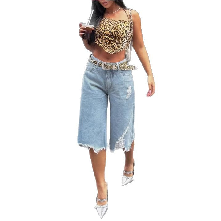 Schlanke, stylische Niche Relaxed-Fit Capri-Jeans aus Denim