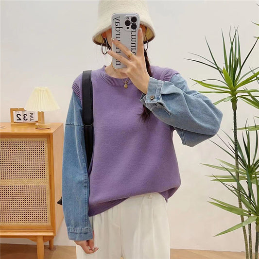 Denim Sleeve Stitching Fake Two Pieces Sweaters Women