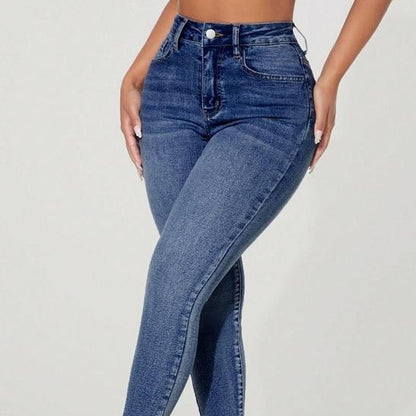 Skinny Stretch Jeans mit hohem Bund und Zierverschluss