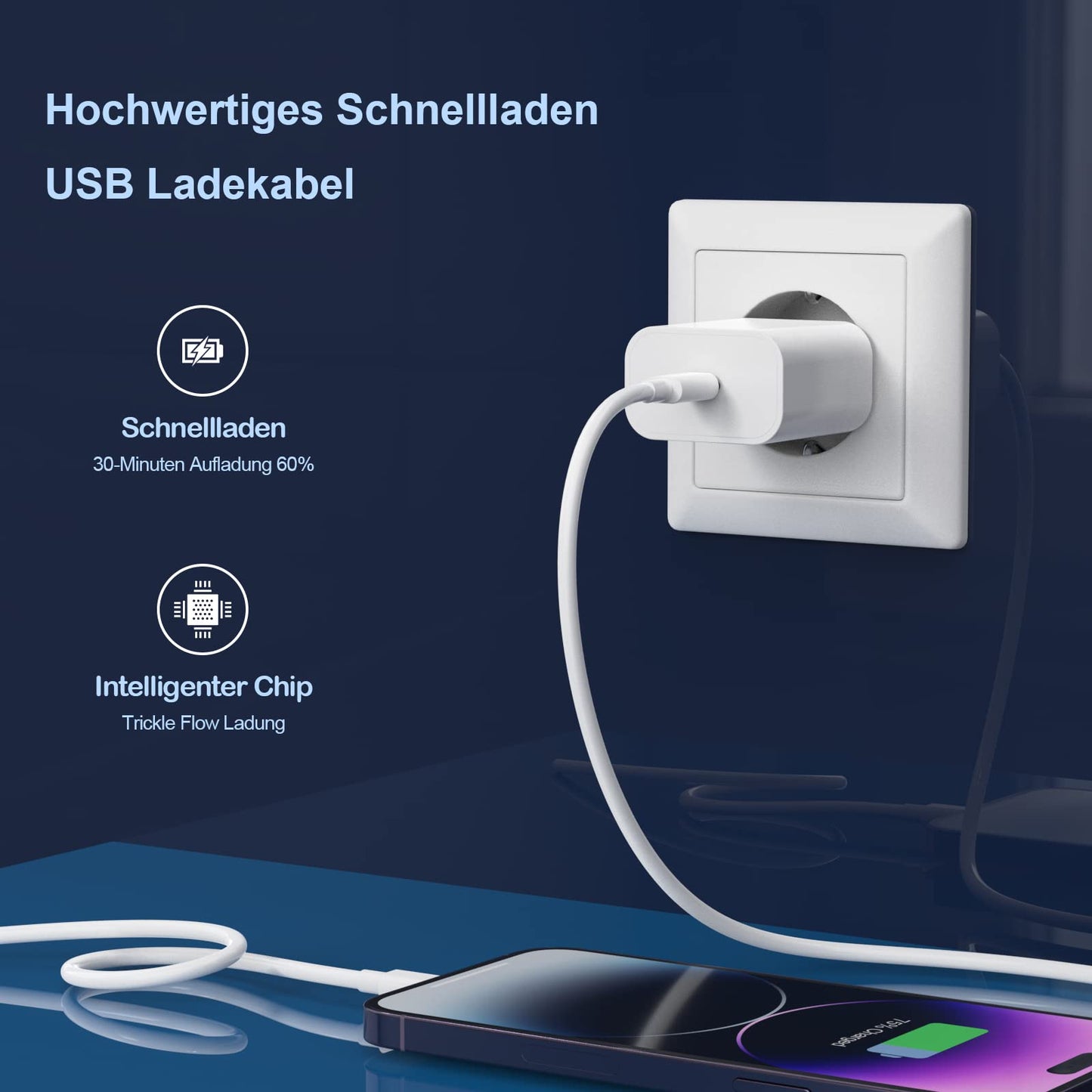 USB-C-Ladegerät mit einem Anschluss, inklusive 4-in-1-Datenkabel. 