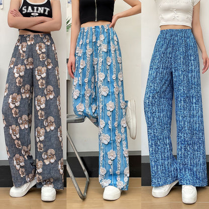 Women's Thin Casual High-waisted Loose Retro Printed Denim Straight-leg Pants