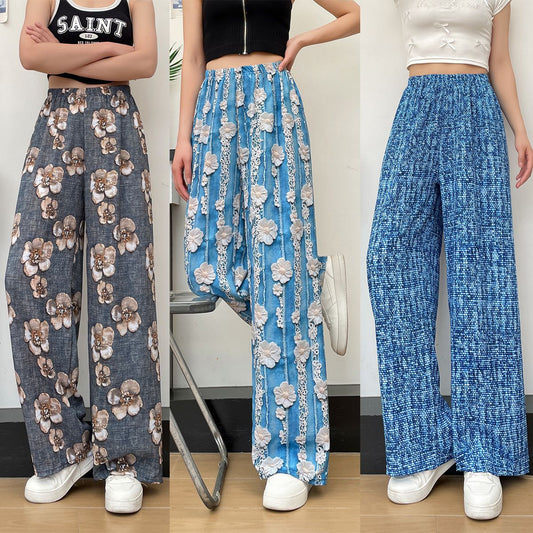 Dünne, lässige Damen-Jeanshose mit hohem Bund, Retro-Print und geradem Bein