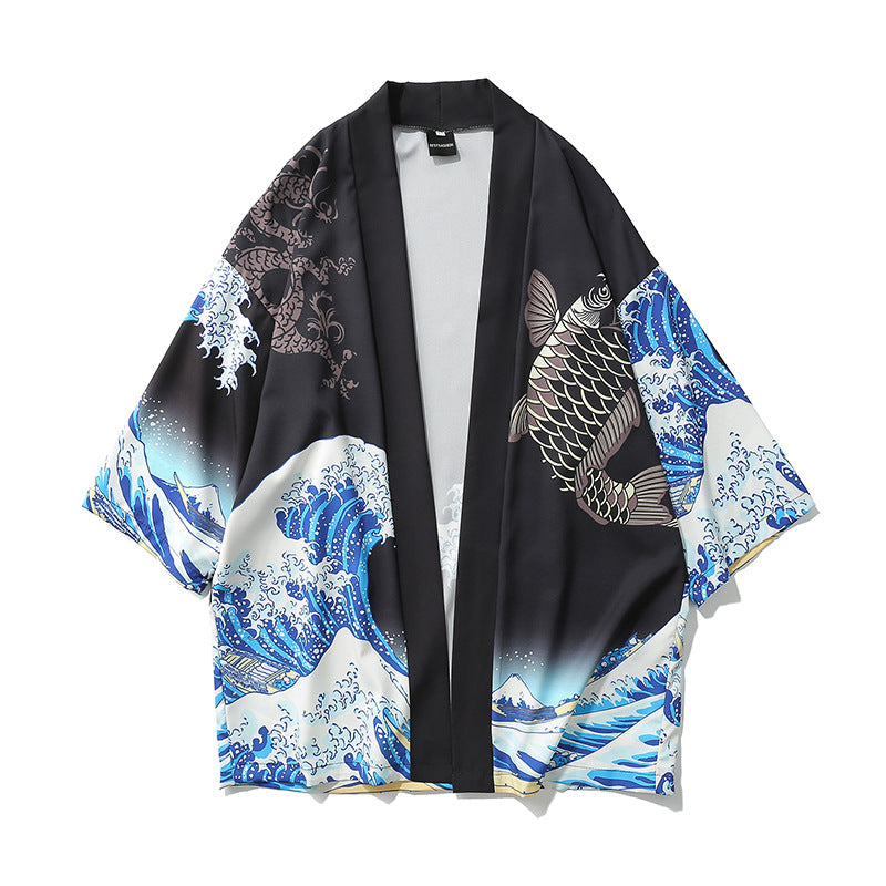 Japanischer Kimono mit Ukiyo-e-Malerei, Wellentintenfisch-Print, locker geschnitten, siebenärmelig, schmal geschnitten, für Damen und Herren. 