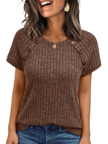 Womens Ribbed Crew-neck Button-panel Short-sleeve Top