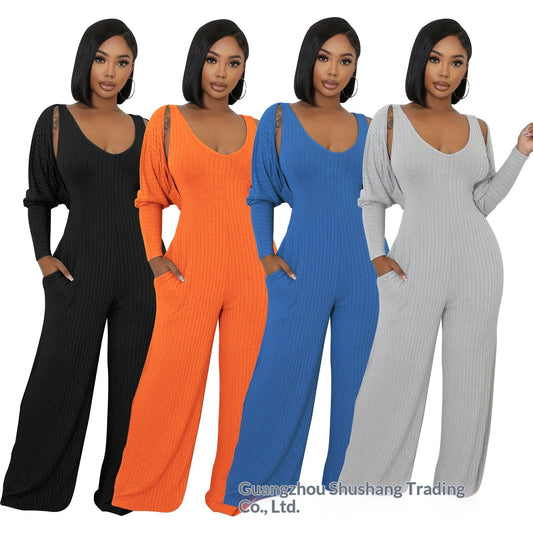 Damen-Jumpsuit-Set aus hochelastischem Rippstrick mit langen Ärmeln