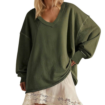 Neues einfarbiges, locker sitzendes Langarmshirt mit V-Ausschnitt für Damen