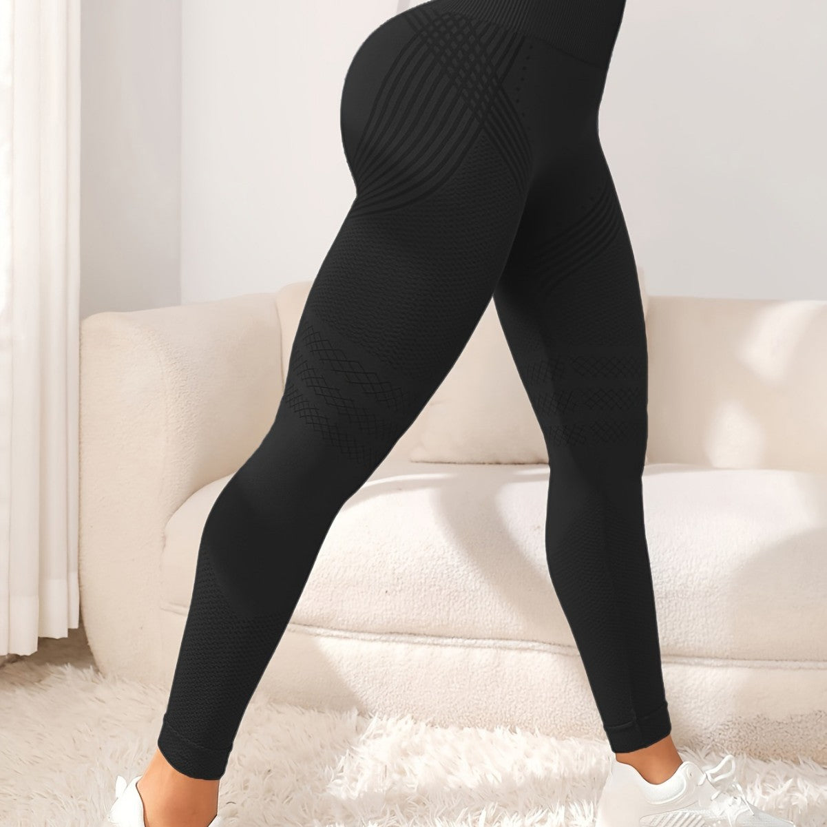 Damen-Freizeithose mit hohem Bund, Stretch, Streifen, einfarbig, dehnbar, Fitness- und Yoga-tauglich
