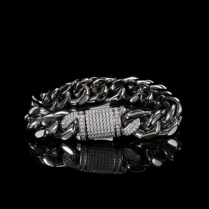 Stainless Steel Cuban Chain Hip Hop Bracelet Diamond Spring Buckle Four Sides Grinding