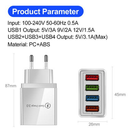 USB-Ladegerät Quick Charge 3.0 4-fach Adapter für Tablets, tragbares Wandladegerät, Schnellladegerät