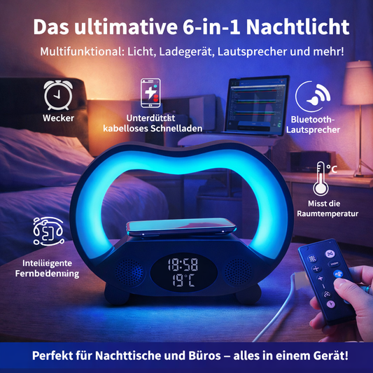 Neue 6-in-1-Smart-Fernbedienung, Bluetooth-kompatibel, Ambiente-LED-Tischleuchte, Multifunktions-Wireless-Ladegerät, Nachtlicht, Bluetooth-kompatibler Lautsprecher (2024)