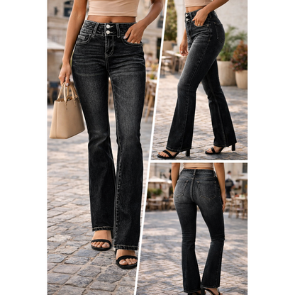 Schmal geschnittene Schlagjeans mit Taschen, modische Knopf- und Reißverschlusshose, Damen-Slim-Denim-Hose