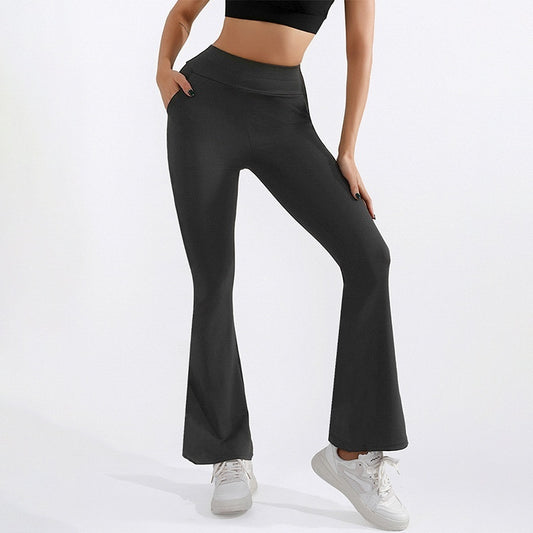 Damen-Hose mit hohem Bund, Hüftlift, Stretch, gebürstetem Material und Haifisch-Motiv, Taschen