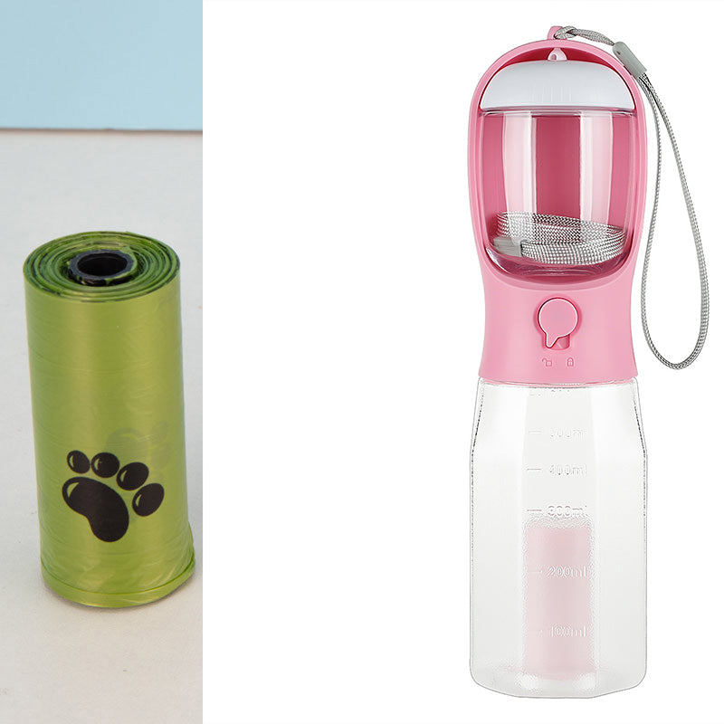 Tragbare 3-in-1-Trinkflasche für Katzen und Hunde: Auslaufsicher, multifunktional, mit Futter- und Wasserspender sowie Kotbeutelspender.