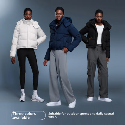 Neuer Wintermantel für Damen mit 90 % weißen Entendaunen, abnehmbarer Kapuze, dick, warm und locker geschnitten