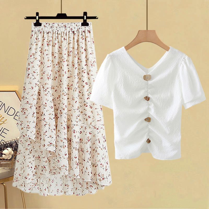 Schickes Chiffon-T-Shirt und hochgeschnittener Rock, zweiteiliges Set