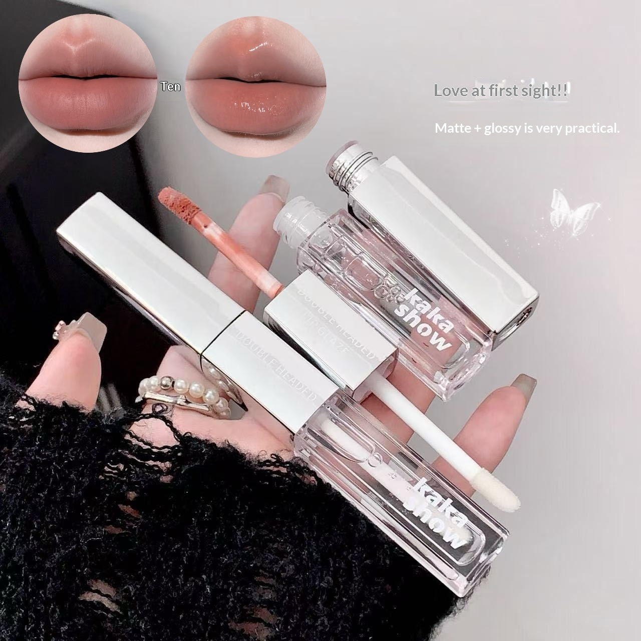 Doppelseitiger Lipgloss mit zwei Effekten, mattem Samt