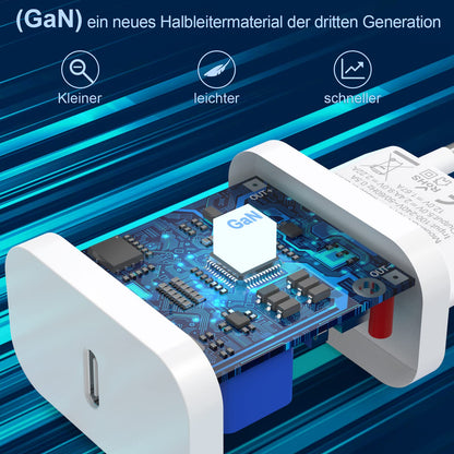 USB-C-Ladegerät mit einem Anschluss, inklusive 4-in-1-Datenkabel. 