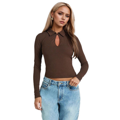 Neues sexy, halbhochgeschlossenes Langarm-Top mit Cut-outs für Damen – perfekt für Herbst und Winter