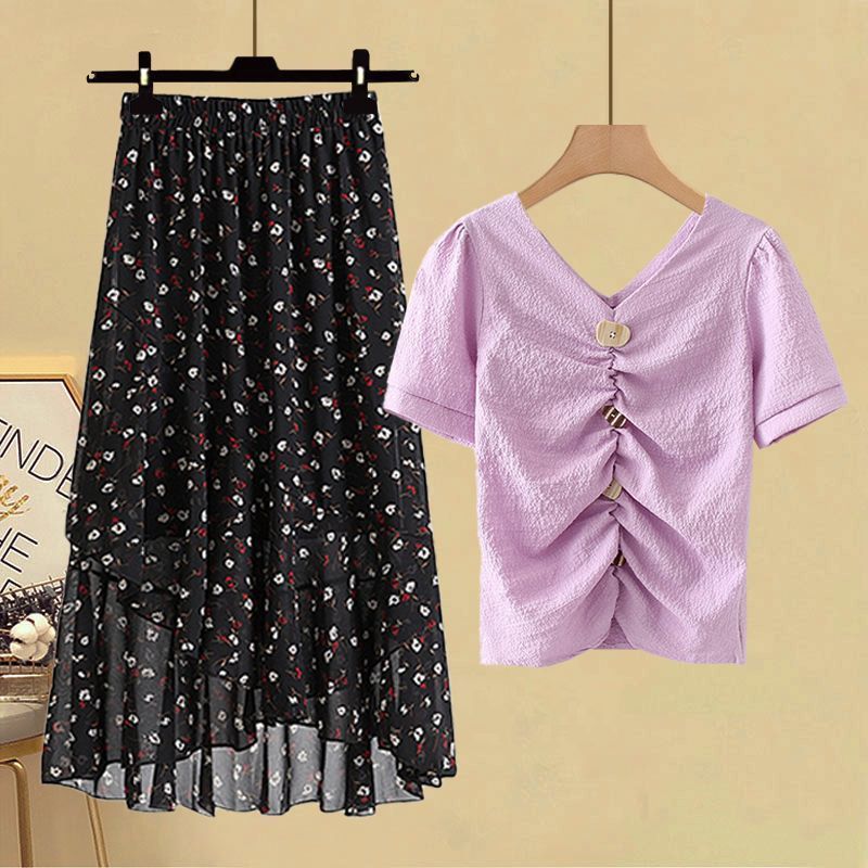 Schickes Chiffon-T-Shirt und hochgeschnittener Rock, zweiteiliges Set
